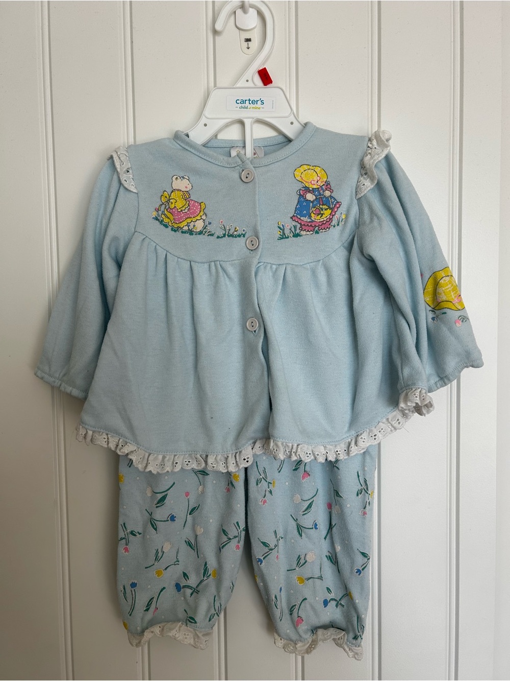 Vintage Girl Two Piece Set Gardening Tulip Floral Baby Blue Cottage